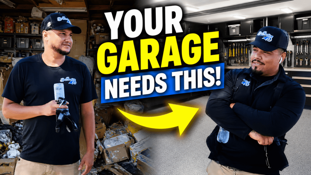 A cluttered garage being cleared during a full garage cleanout process