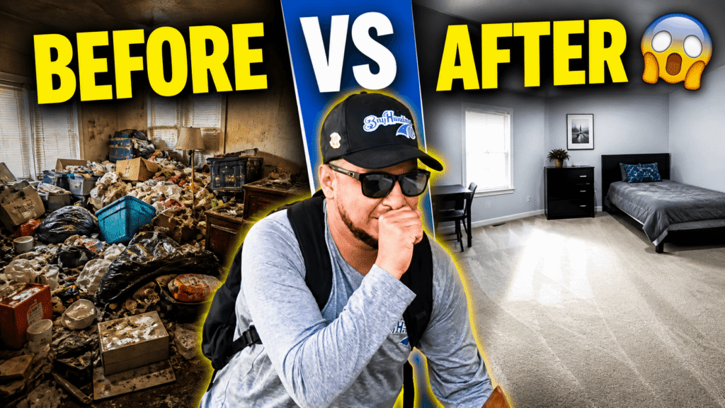 A dramatic before and after transformation using junk removal services in a messy room